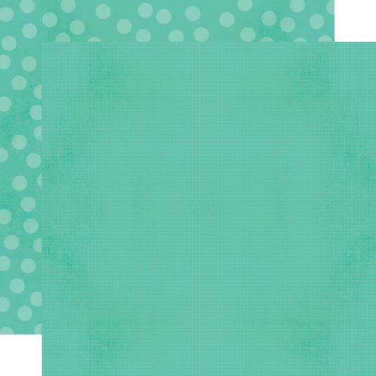 A sheet of  12 x 12 Teal paper with grid pattern and polka dot reverse side