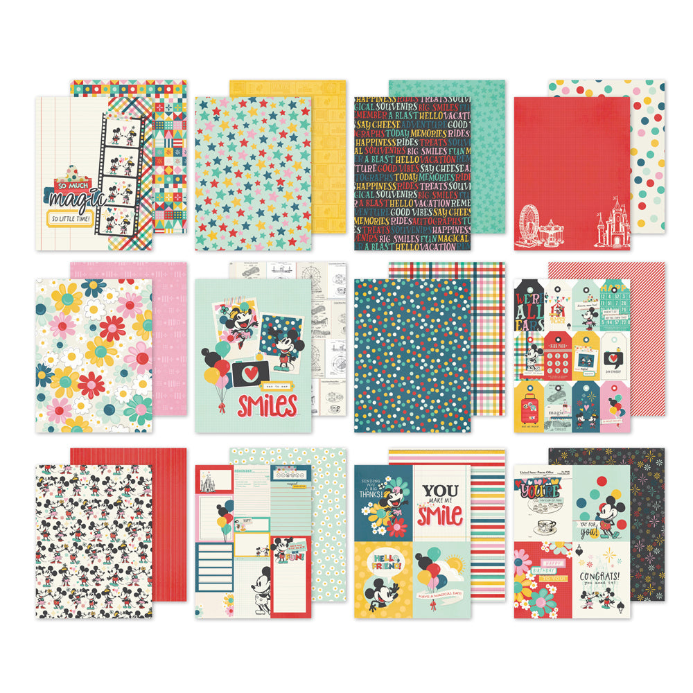 Collection of colorful Simple Stories theme park papers with various designs