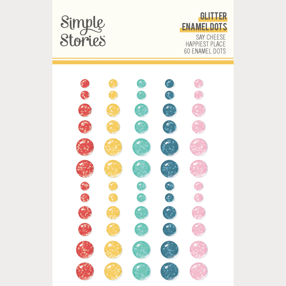 Packaging of Simple Stories glitter enamel dots with colorful dots on a white background