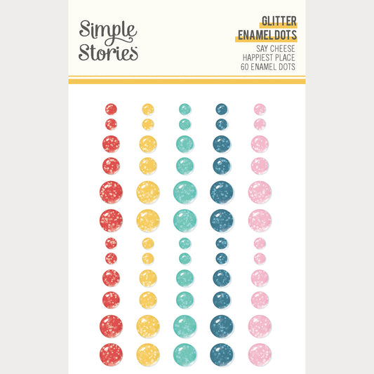 Packaging of Simple Stories glitter enamel dots with colorful dots on a white background