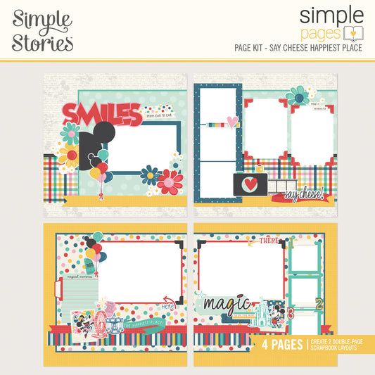 Simple Stories scrapbooking page kit with colorful layouts and text on a white background