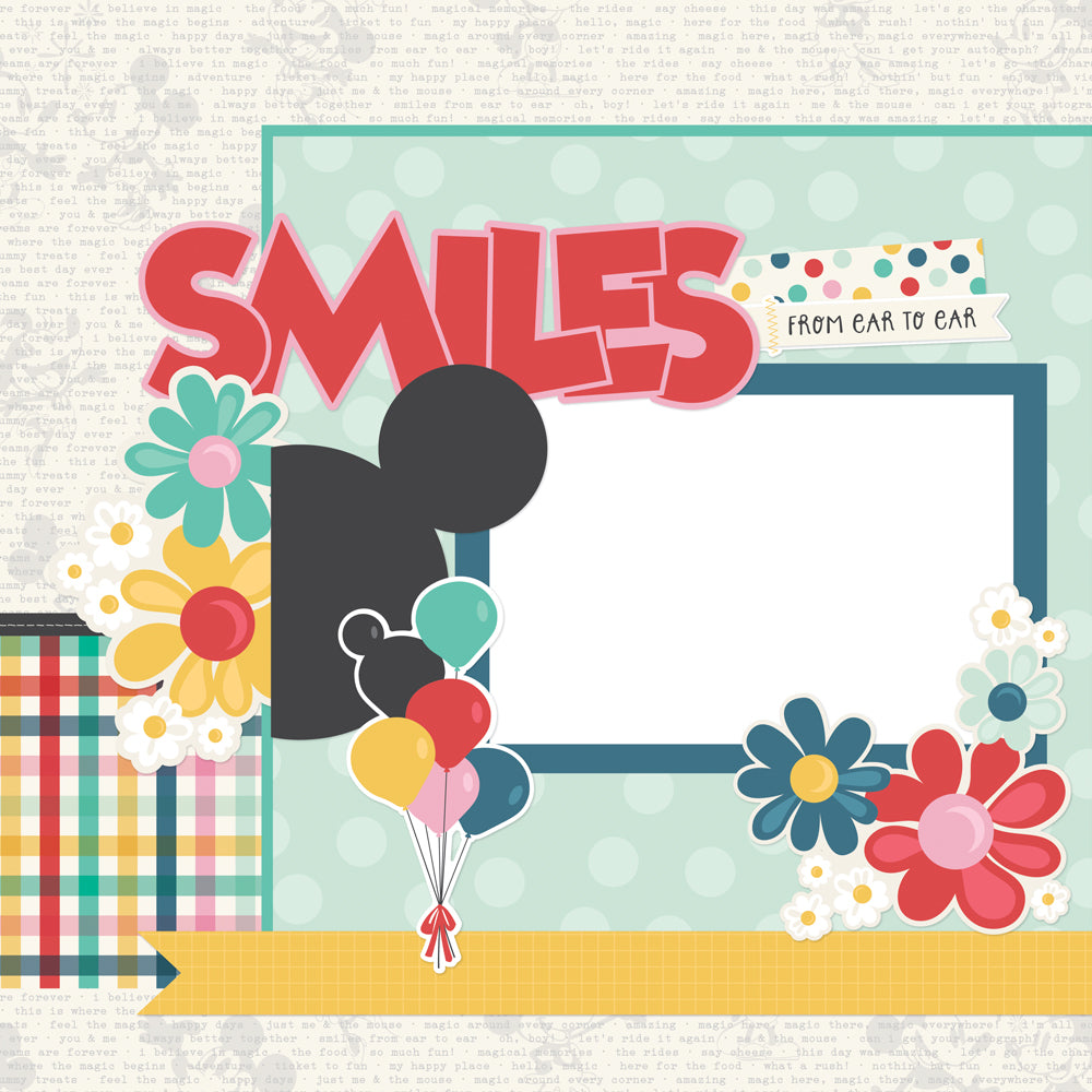 Colorful design with 'SMILES' text and cartoon character, on a textured background.