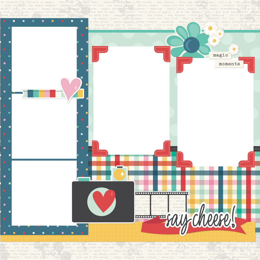 Colorful scrapbooking layout with frames, flowers, and text on a textured background