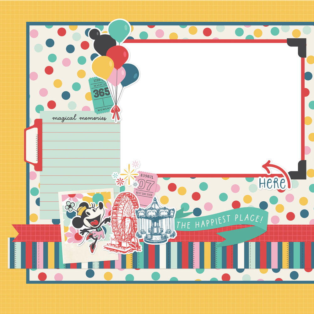 Colorful scrapbook page design with balloons, polka dots, and text on a yellow background