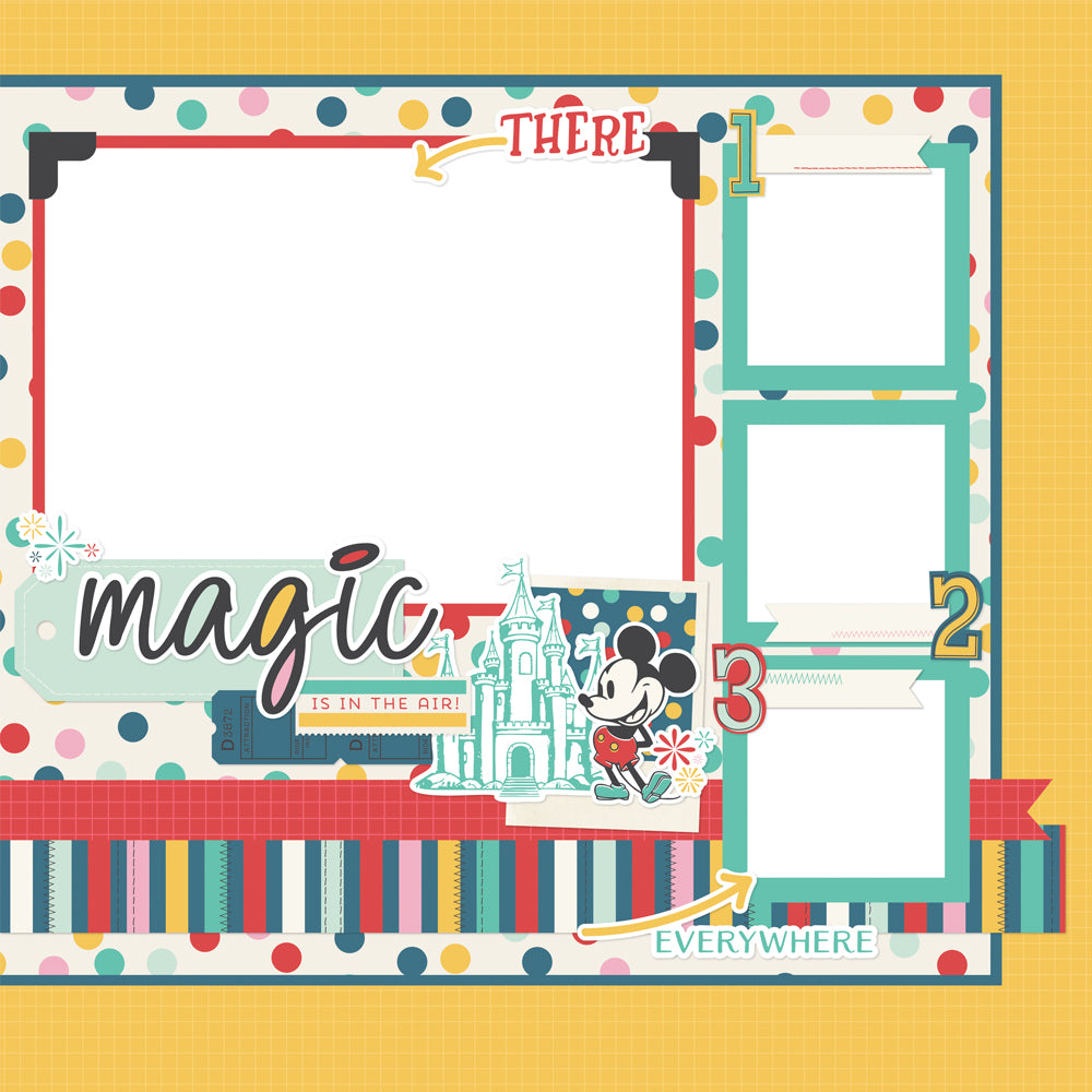 Colorful design with text and cartoon character on a yellow background