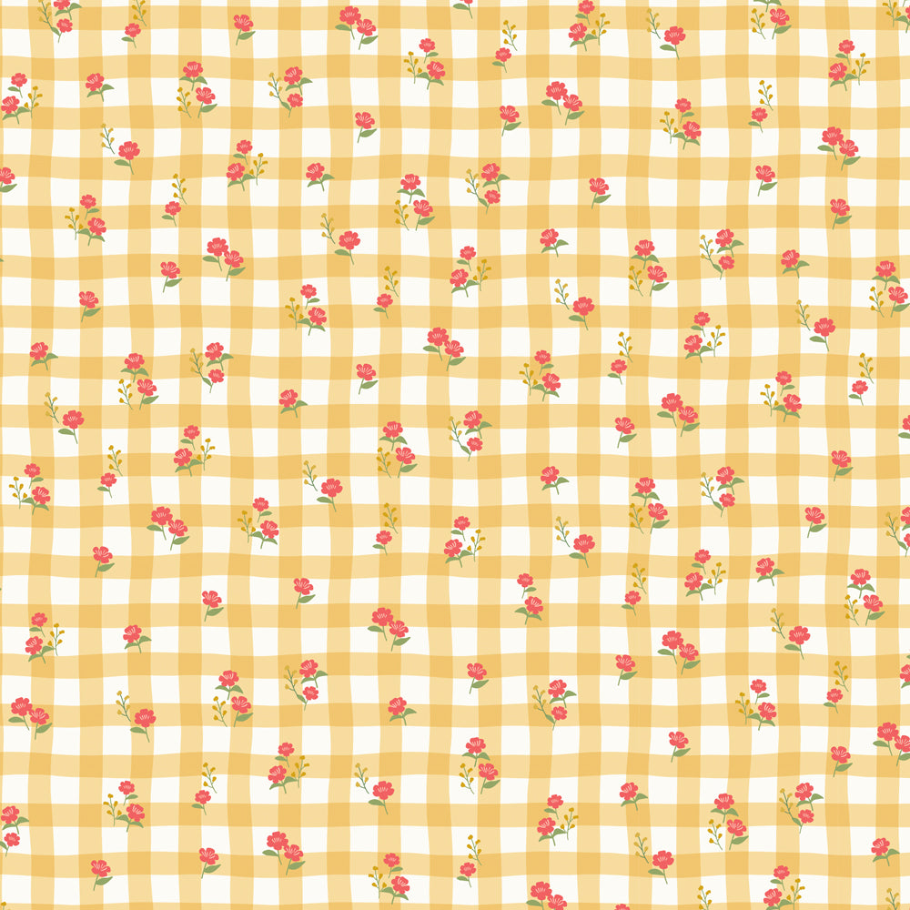 Checkered pattern with small floral elements on a yellow and white background