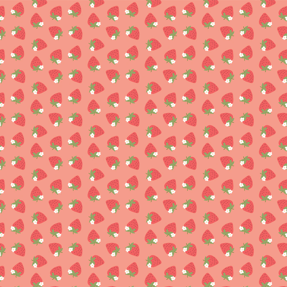 Pattern of red strawberries with green leaves on a pink background