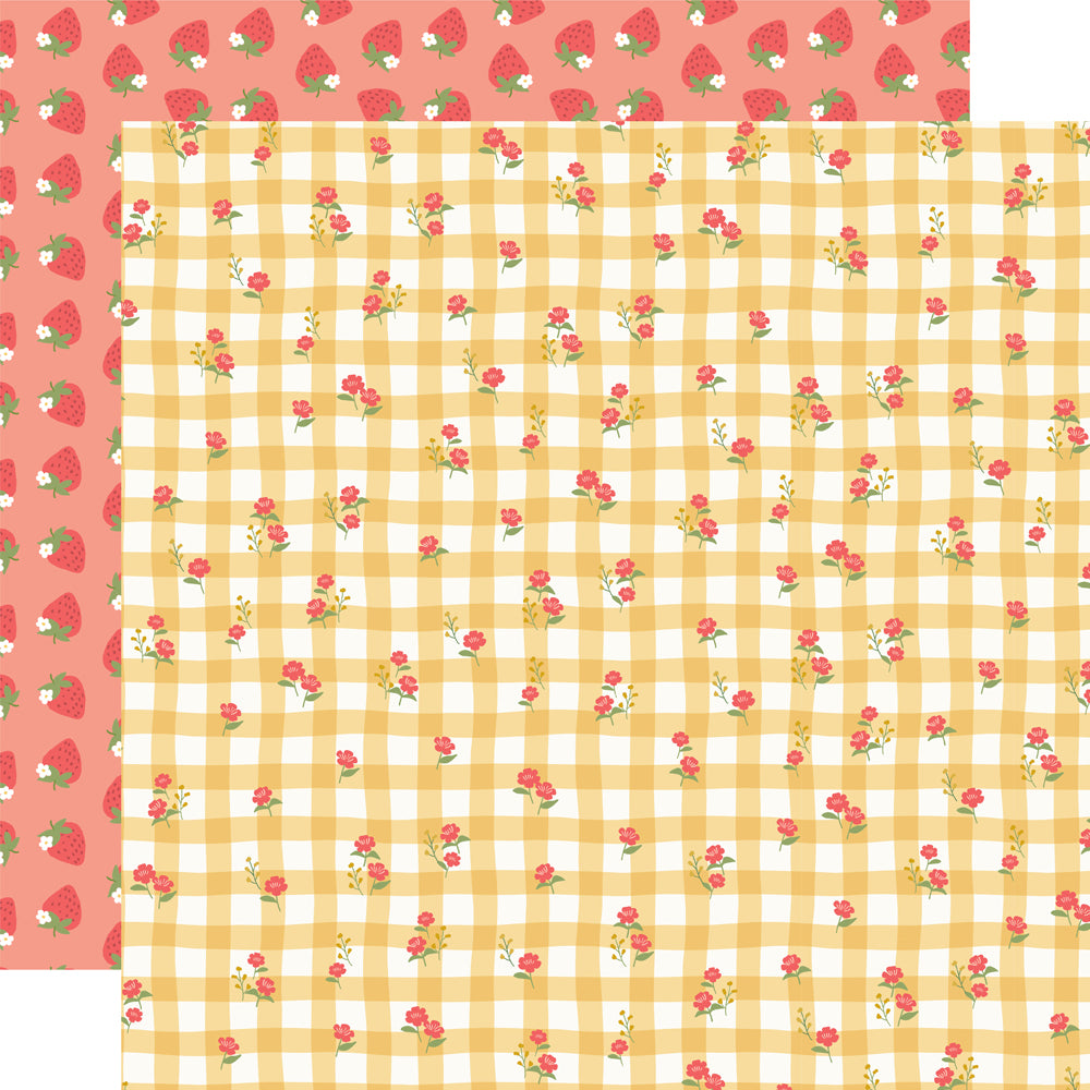 Two fabric swatches with strawberry pattern on a pink background and checkered pattern on a yellow background.