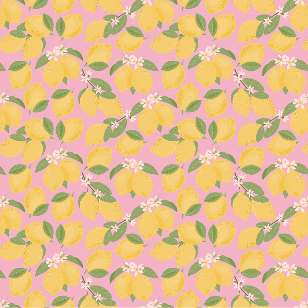 Pattern of yellow lemons with green leaves on a pink background