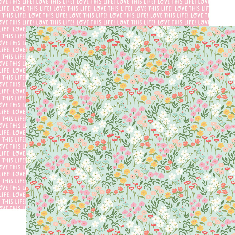 Floral patterned paper with text overlay on a light blue background