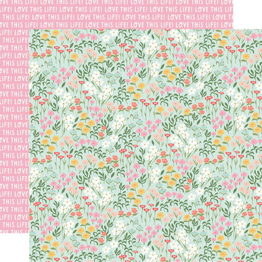Floral patterned paper with text overlay on a light blue background