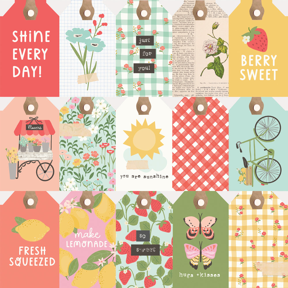 Collection of colorful gift tags with various designs and text on a white background
