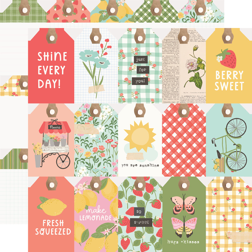 Collection of colorful gift tags with various designs and text on a white background