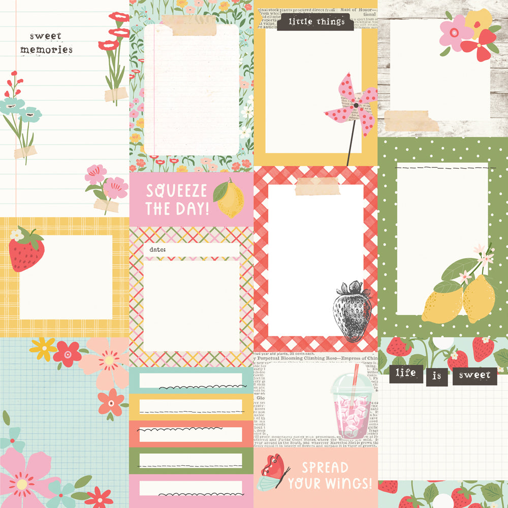 Collection of colorful scrapbooking elements with text and illustrations on a patterned background