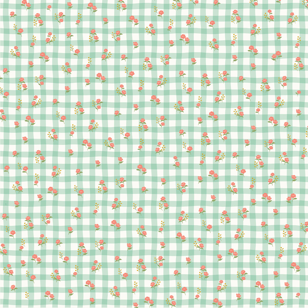 Green and white checkered pattern with small red flowers on a green background