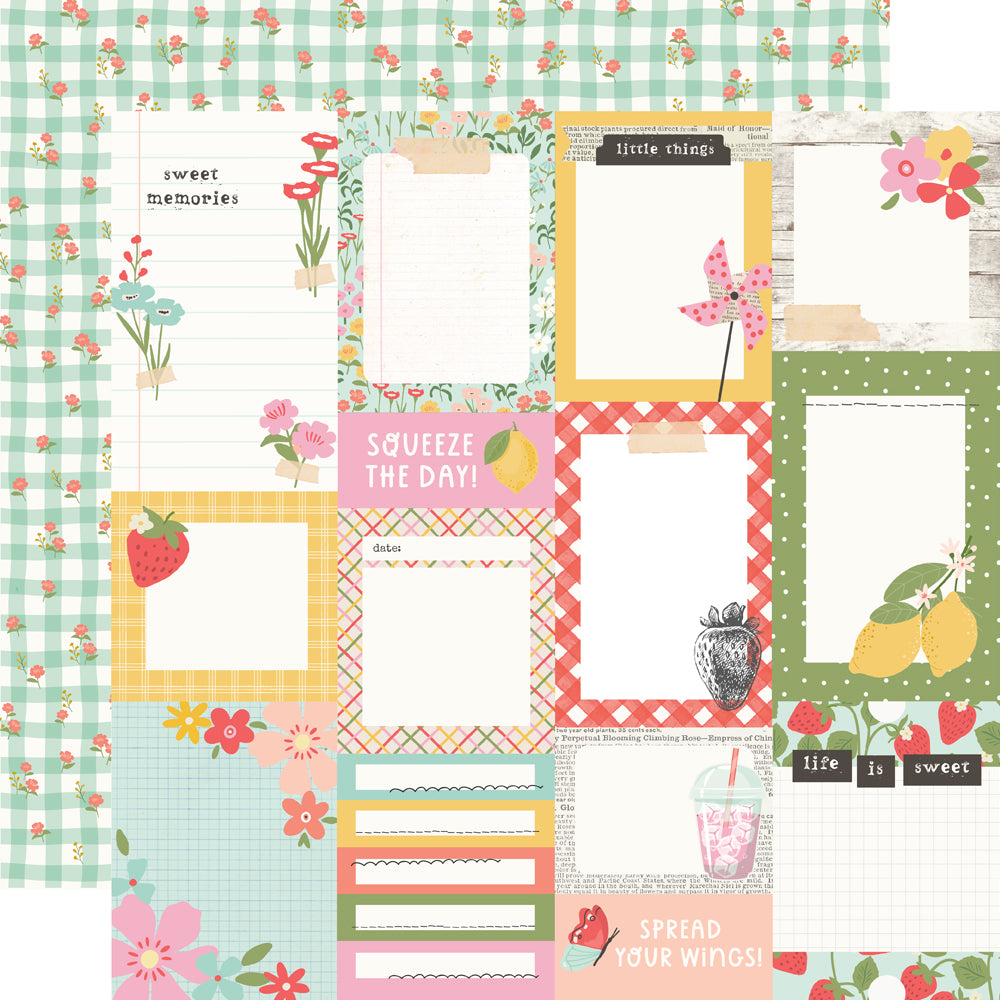 Collection of decorative paper sheets with various designs and text on a checkered background
