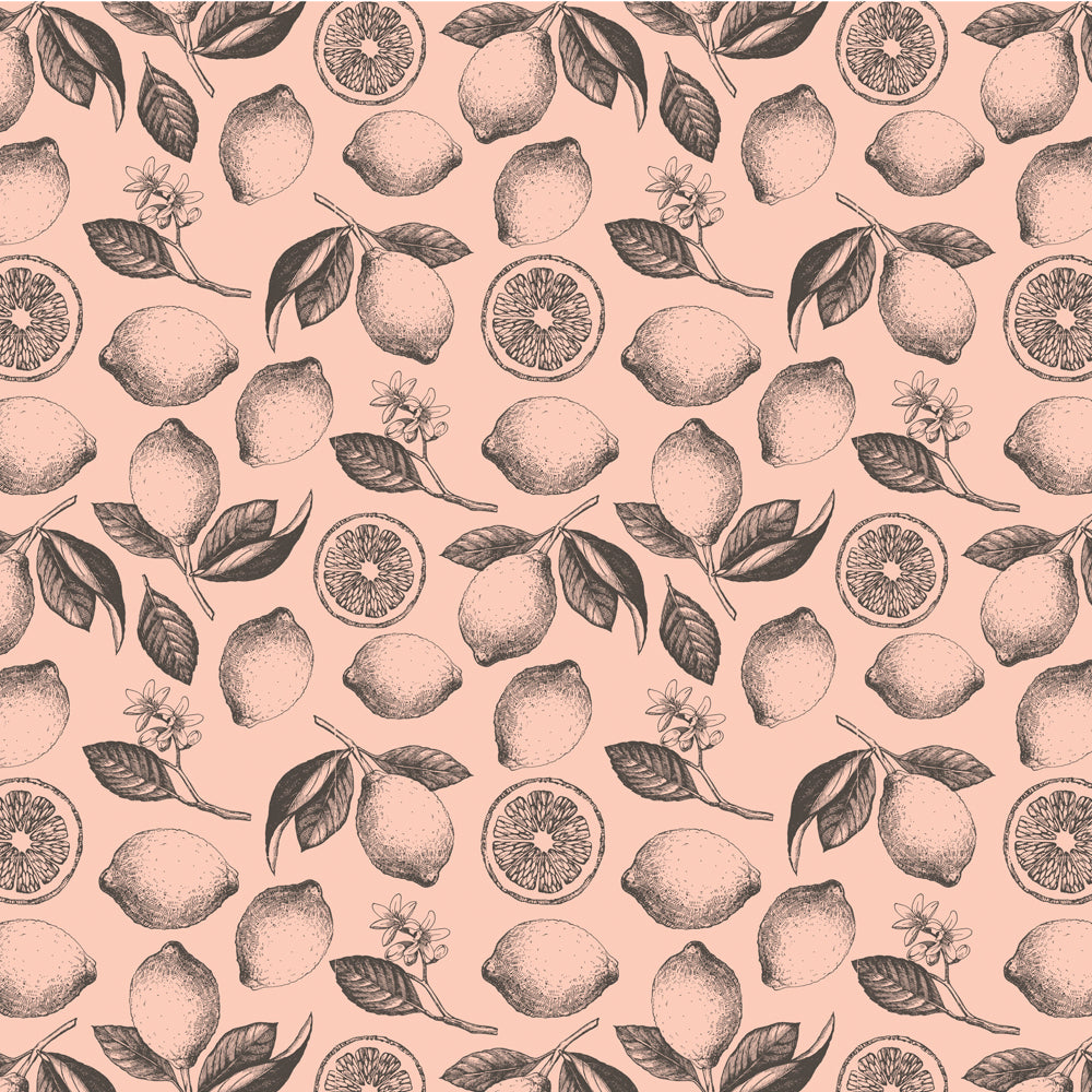 Pattern of lemons and leaves on a pink background