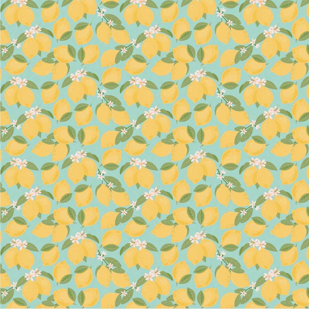 Pattern of yellow lemons with green leaves and white flowers on a blue background