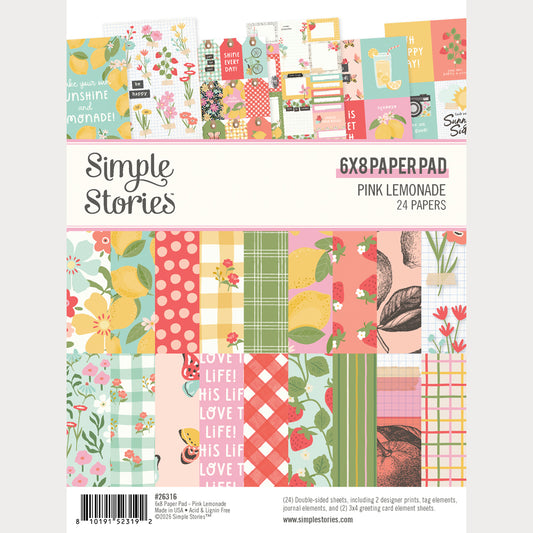 Packaging of 'Pink Lemonade' paper pad by Simple Stories with colorful patterns.