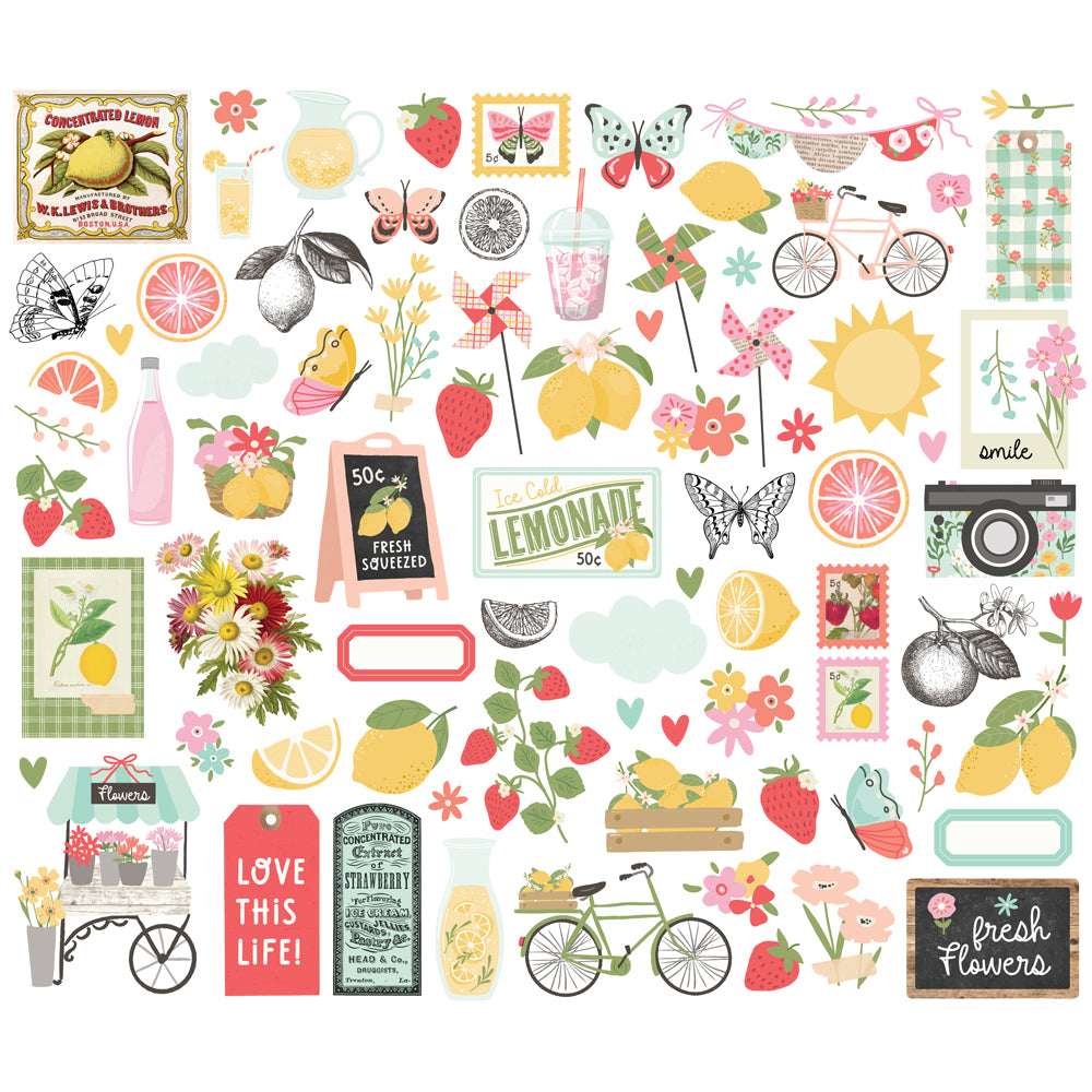 Collection of colorful illustrations including fruits, flowers, and vintage-style elements on a white background.