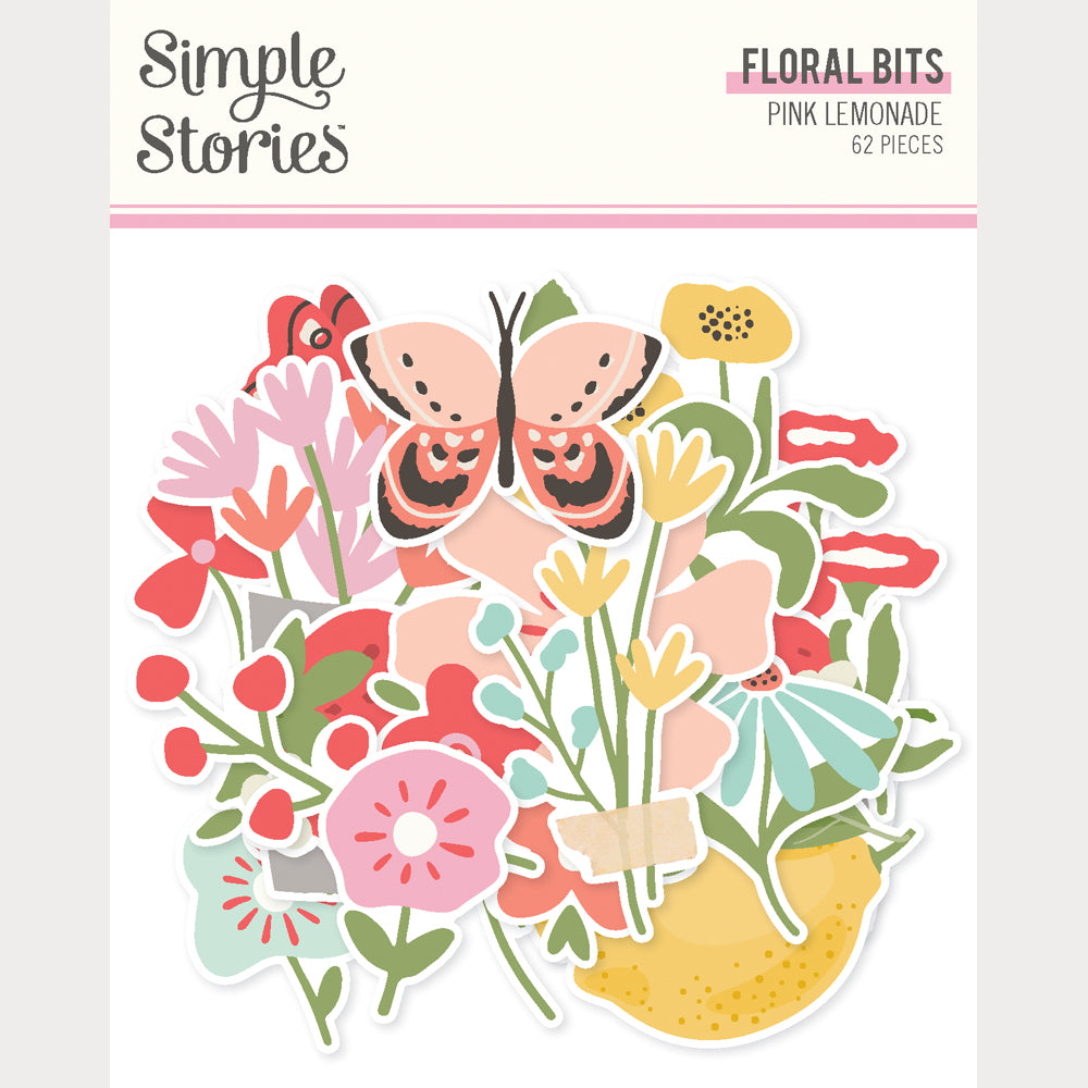 Packaging of 'Floral Bits' stickers by Simple Stories with colorful flowers and butterfly design.