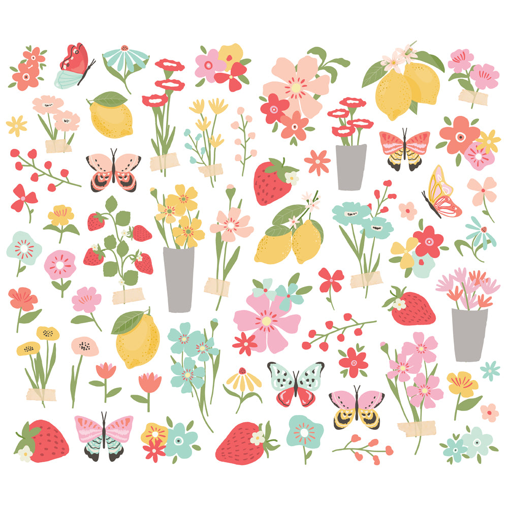 Pattern of colorful flowers, butterflies, and strawberries on a white background