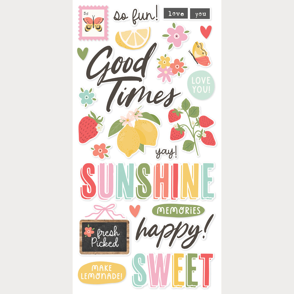 Colorful decorative stickers with phrases and illustrations on a white background