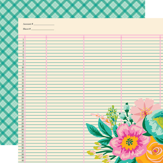 Floral design on  a graph with lined pages and decorative elements.