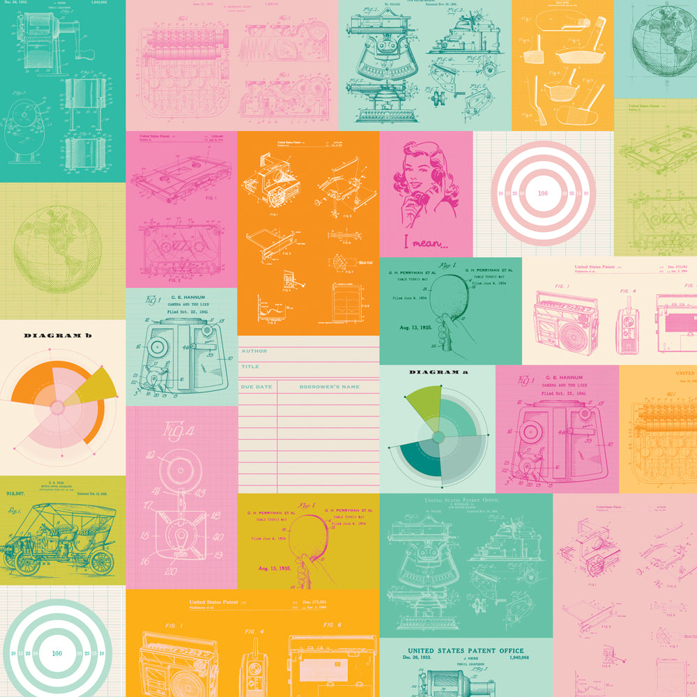 Colorful pattern of vintage illustrations and diagrams on a grid background