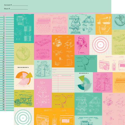 Colorful grid of vintage-style illustrations and forms on a white background