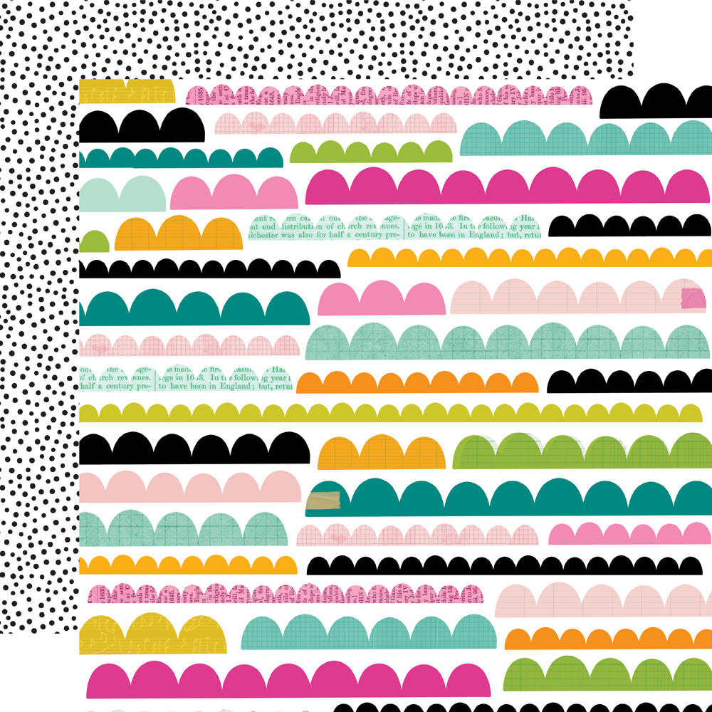 Patterned design with colorful geometric shapes on a black and white polka dot background