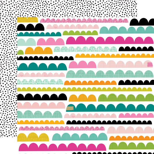 Patterned design with colorful geometric shapes on a black and white polka dot background