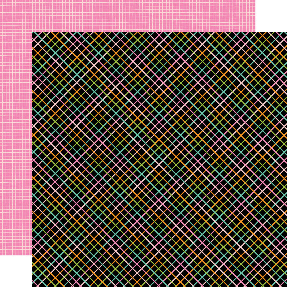 Colorful diagonal grid pattern on a pink background