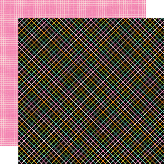 Colorful diagonal grid pattern on a pink background