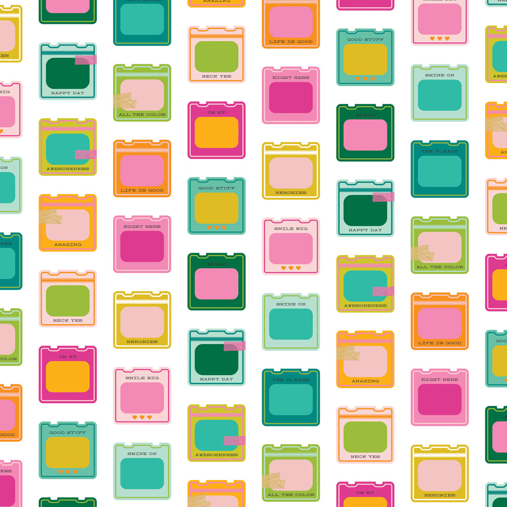 Pattern of colorful square icons with text on a white background