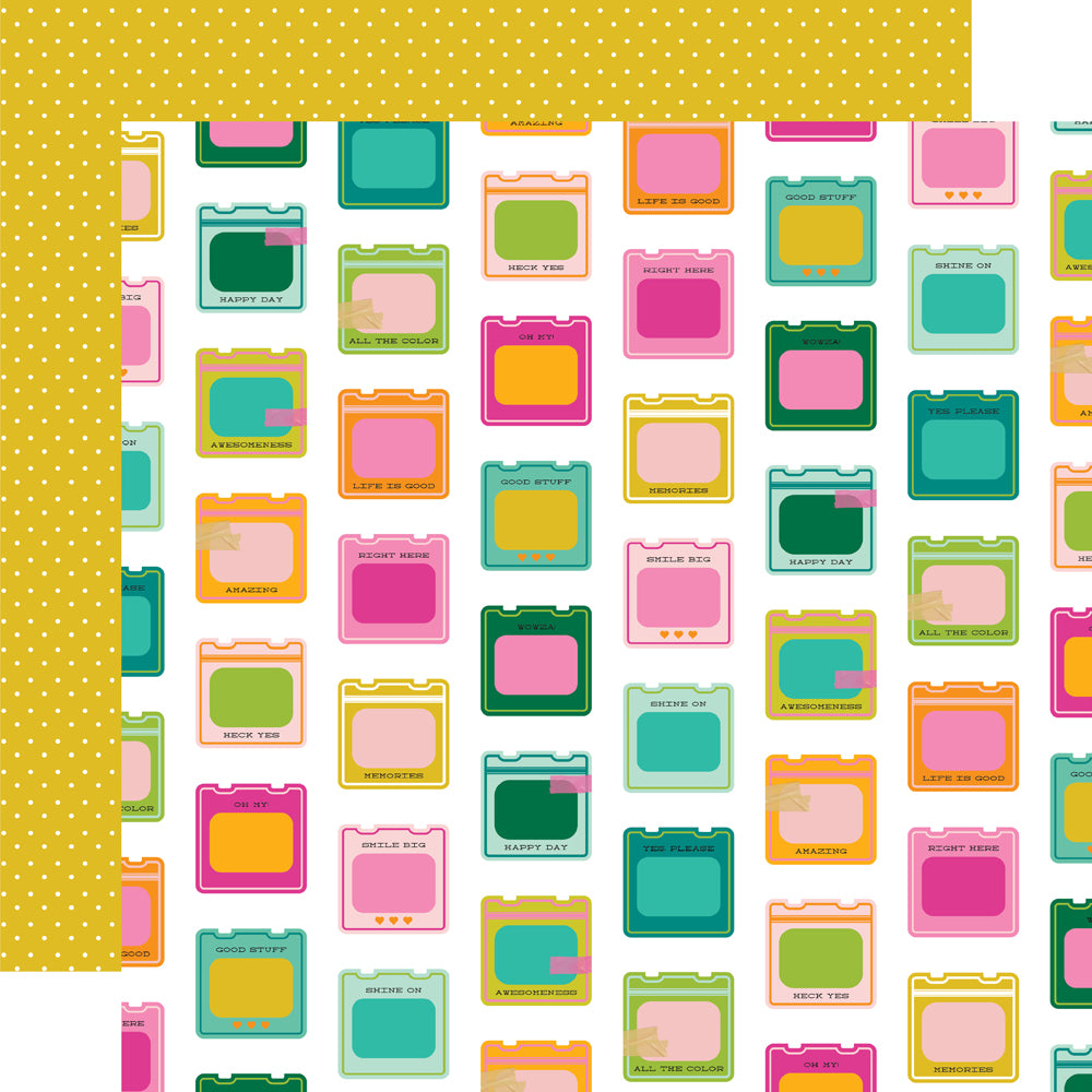 Pattern of colorful square icons on a white background with yellow border