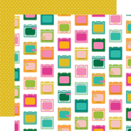Pattern of colorful square icons on a white background with yellow border