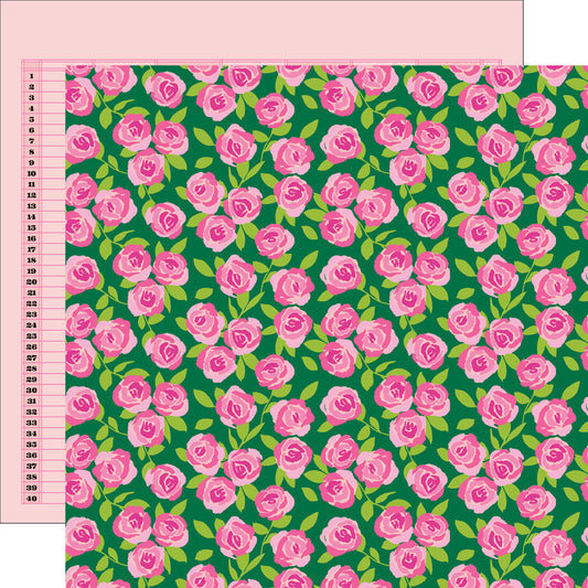  pink floral pattern on green background