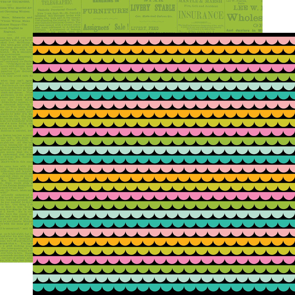 Colorful scalloped pattern on a green background with vintage text at the top.