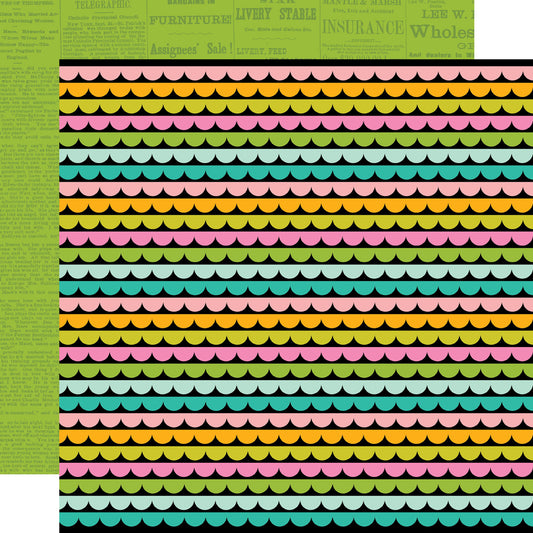 Colorful scalloped pattern on a green background with vintage text at the top.