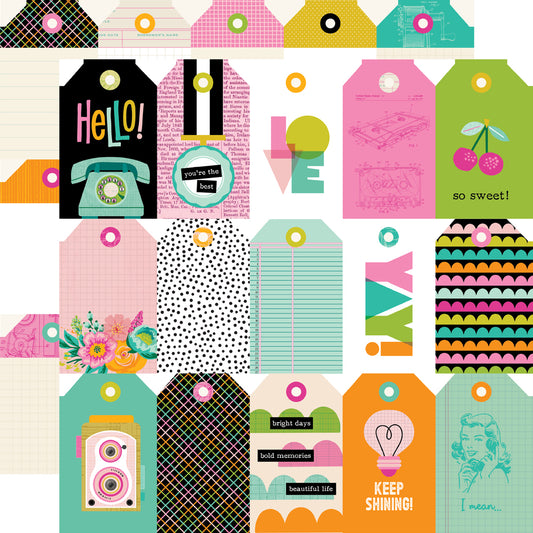 Collection of colorful tags with various designs and text on a white background