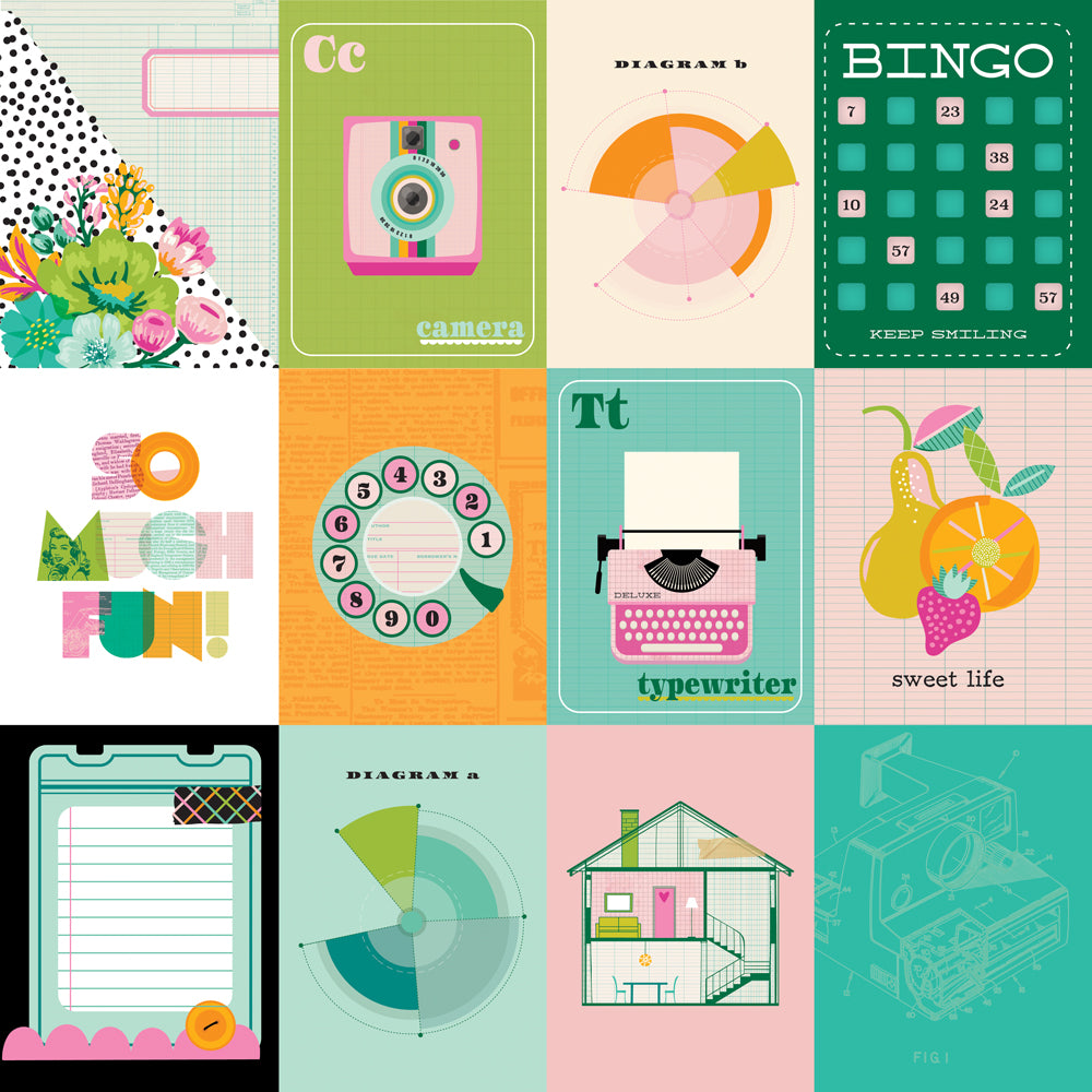 Collection of colorful and playful design cards with various illustrations and text.