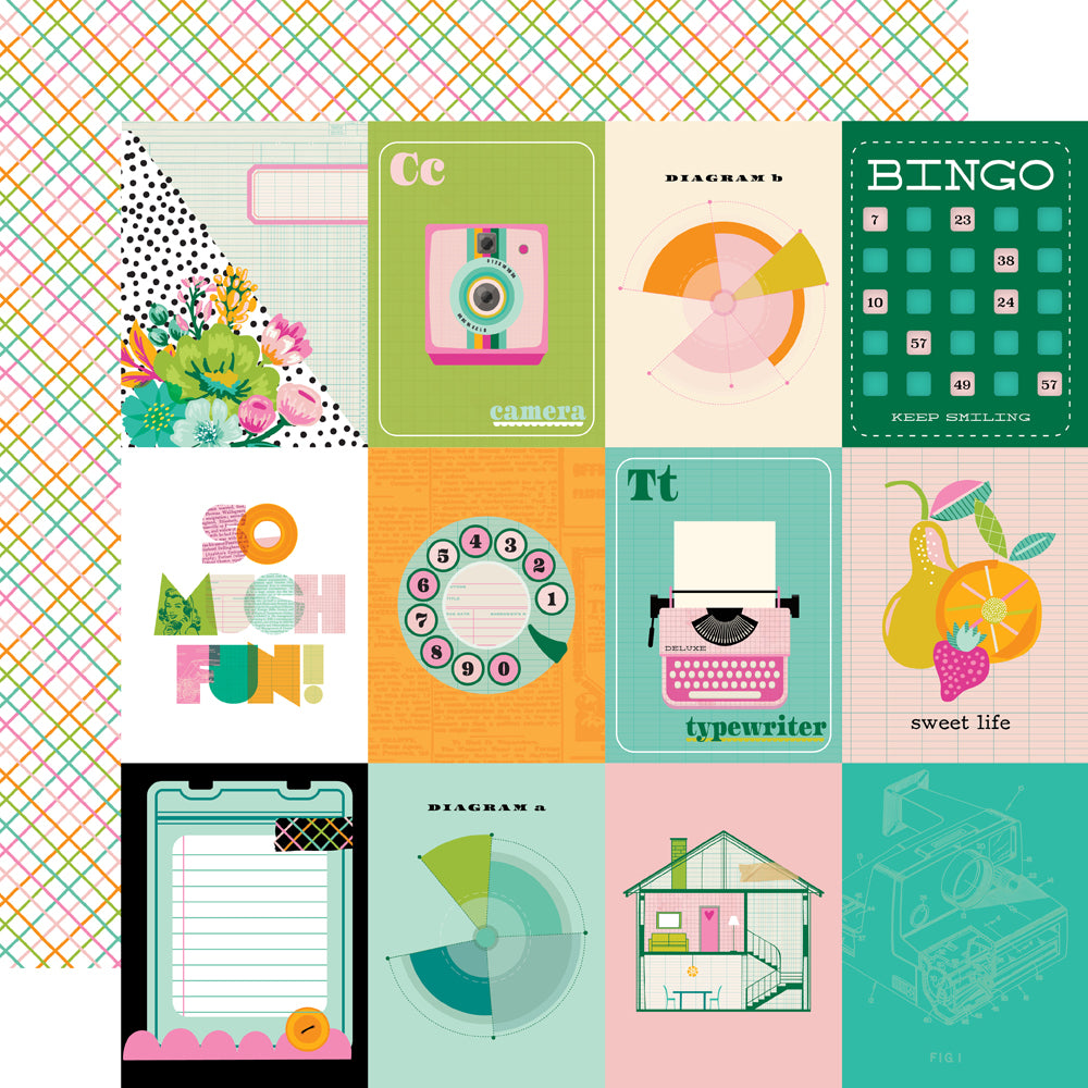 Collection of colorful graphic elements with various designs on a patterned background
