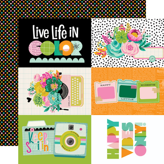 Colorful scrapbooking paper with text and floral designs