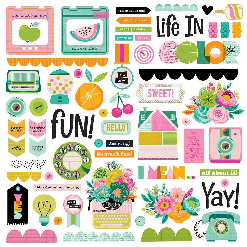 Collection of colorful chipboard graphic elements with text and illustrations on a white background