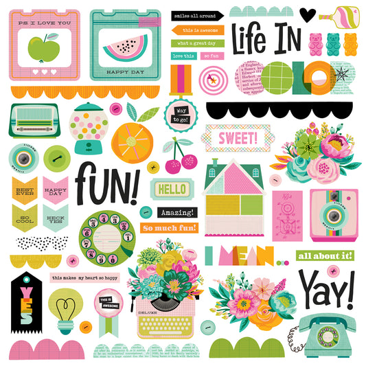 Collection of colorful chipboard graphic elements with text and illustrations on a white background
