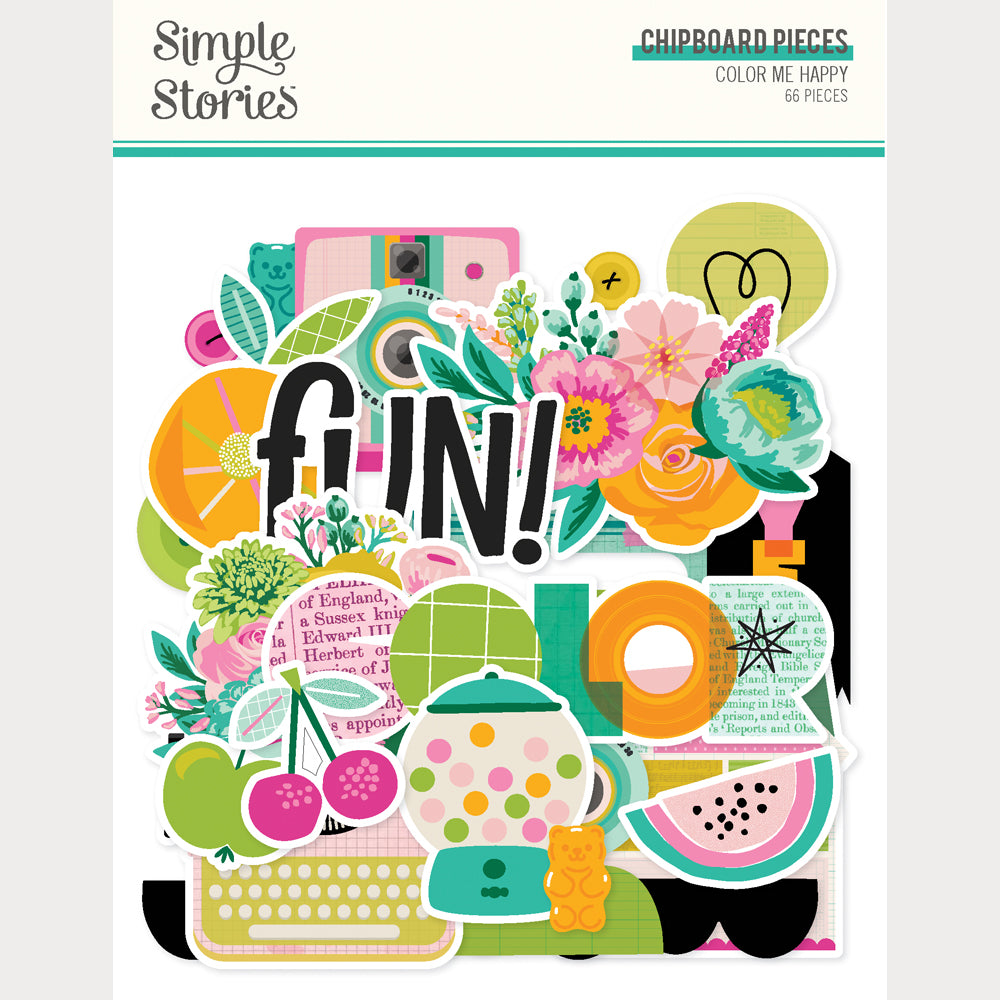 Colorful chipboard pieces with decorative elements and 'FUN!' text on a white background.