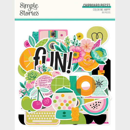 Colorful chipboard pieces with decorative elements and 'FUN!' text on a white background.