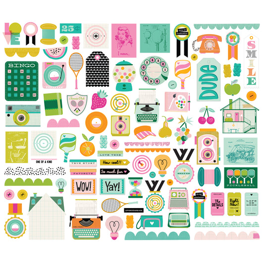 Collection of colorful ephemera with various designs on a white background