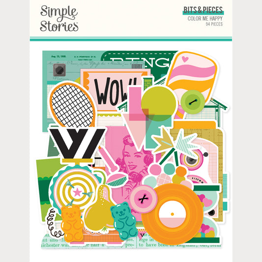 Colorful ephemera with various designs and text on a white background